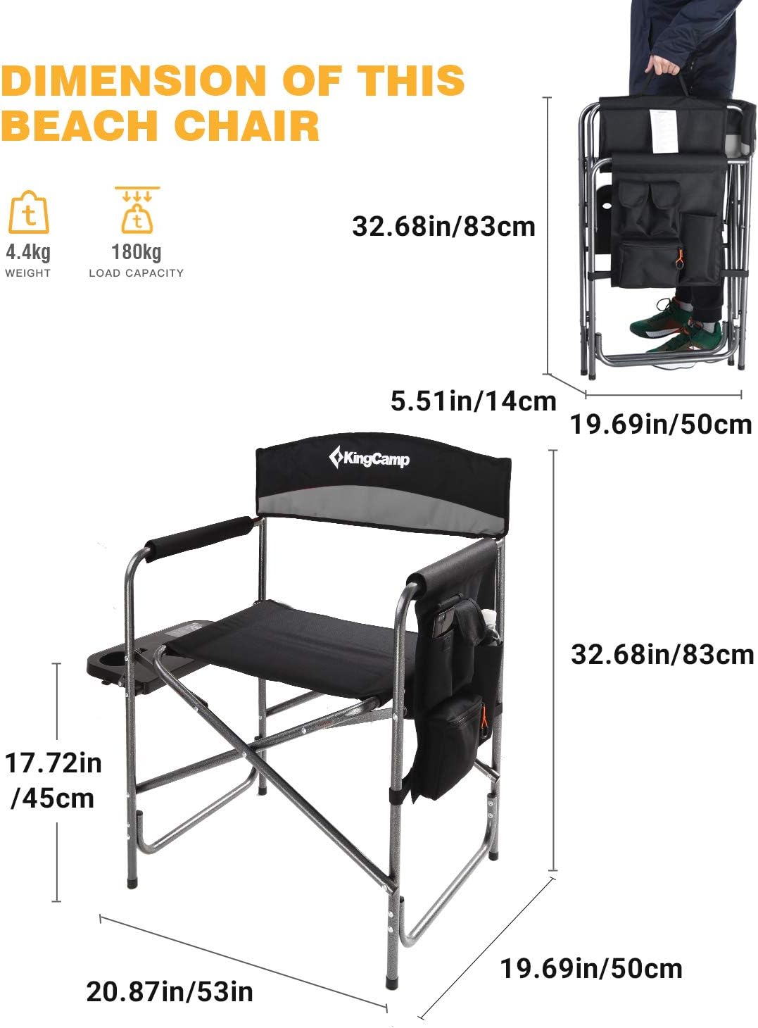 KingCamp Heavy Duty Camping Folding Director Chair Oversize Padded Seat with Side Table and Side Pockets, Supports to 396 lbs (Black/Medium Grey-2 Pack) : Sports & Outdoors
