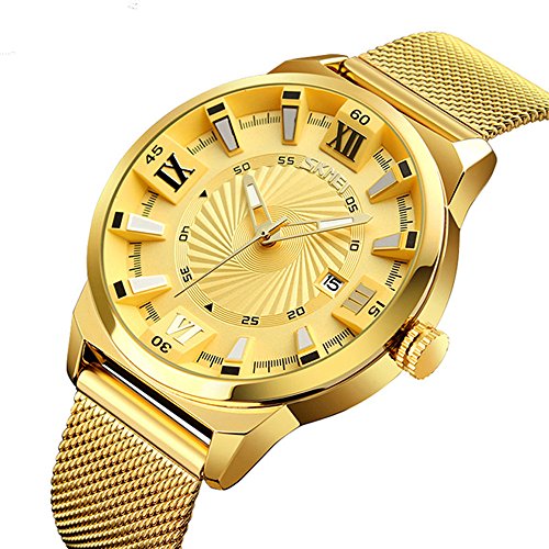 Fashion Business Men Quartz Watch Waterproof Stainless Steel Mesh Strap Calendar Casual Sport Military (Gold)