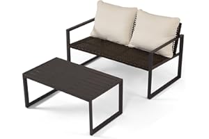 RICNOD Wicker Outdoor Loveseat with Coffee Table, Coversation Set with Removable Cushion, Rustproof Aluminum Frame, for Backyard, Poolside, Balcony or Garden