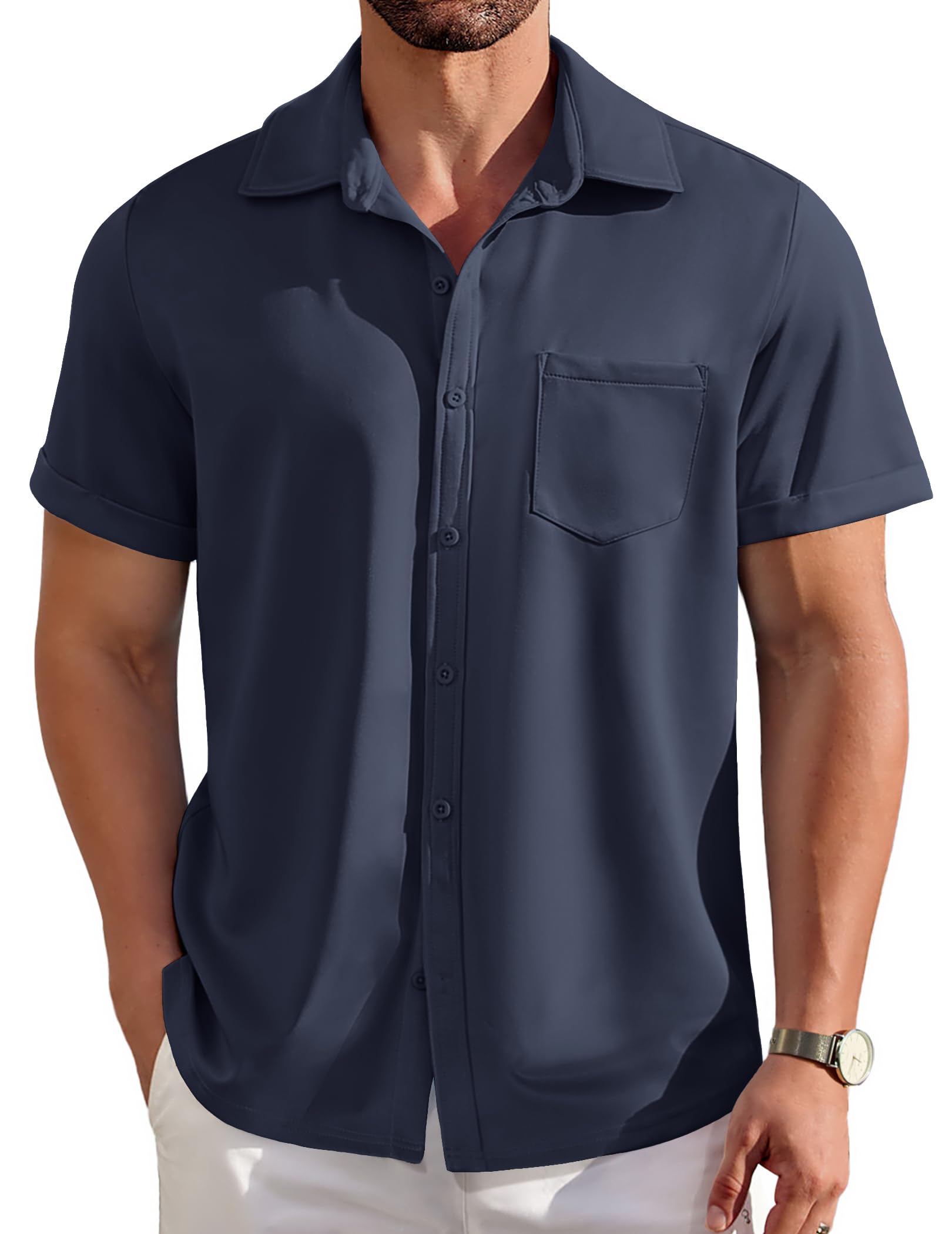 Photo 1 of COOFANDY Wrinkle Free Shirts for Men Short Sleeve Button Down Casual Summer Shirt with Pocket Navy Blue