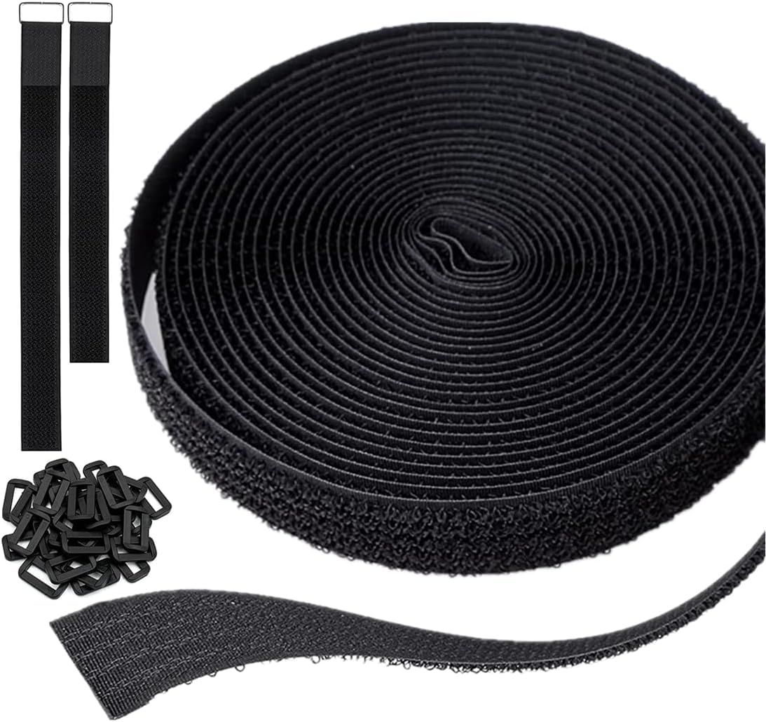 0.8 inch Wide 16Ft Cable Straps with 15 Plastic Buckles, Reusable Cable Ties, Cut to Length Hook and Loop Straps for Cord, Wire, Cable Multi Purpose Organizer or Storage, Black