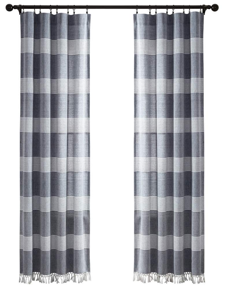 Lush Decor, Navy Tucker Stripe Yarn Dyed Cotton Knotted Tassel Window Curtain Panel Pair, 84" x 40"