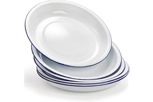 Dicunoy Pack of 5 Enamel Plates, 9.5" Unbreakable Enamelware Dinner Serving Platter Trays, Enamel Camping Bowls, Retro White 