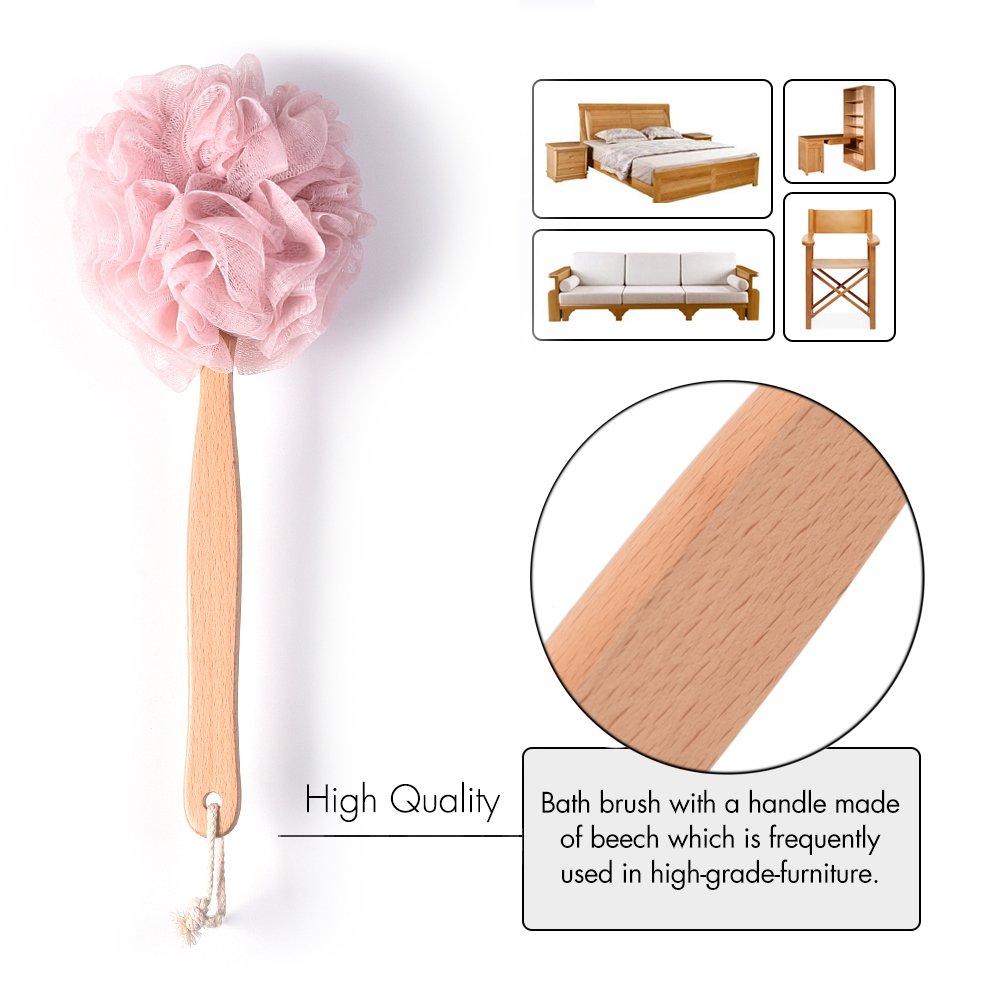 Bath Sponge & Brush Long Handled Loofah Back Scrubber Shower & Bath Exfoliating Pouf Scrubber on a Stick Body Back Brush with a Wood Handle Loofah Mesh for Men & Women By Krramel (PINK)