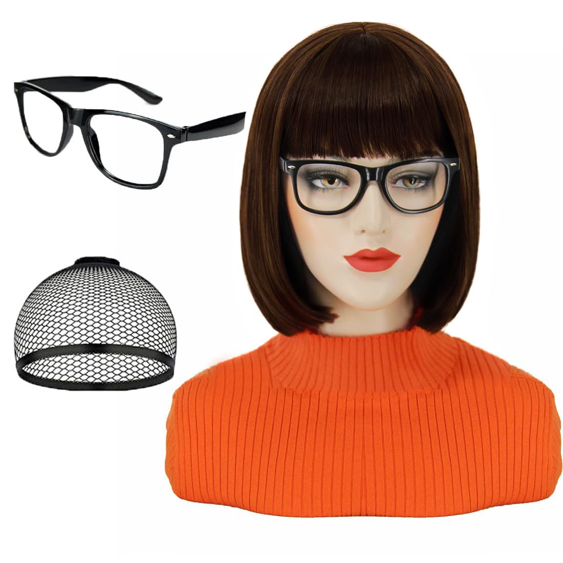 PORSMEER Brown Bob Wigs for Velma Costume Women with 1*Black Glasses Short Bob Hair Wig with Bangs Natural Cute Synthetic Colorful Wigs for Party Halloween
