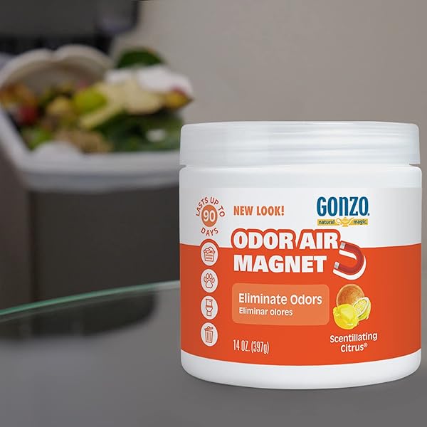 GONZO NATURAL MAGIC ODOR AIR MAGNET – ELIMINATES ODORS FROM CLOSETS, RV’S, RENTAL PROPERTIES, CARS, PET AREAS, BATHROOMS, TRASH AREAS CAUSED BY SMOKE, PETS, GARBAGE, 14OZ, CITRUS SCENT