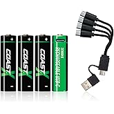 Coast AA USB-C Rechargeable Batteries, ZITHION-X, Lithium Ion 1.5v 2400 mAh, Long Lasting, Charges Under 2.5 Hours, Charging