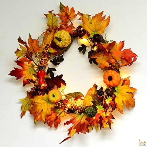 Thanksgiving Day 22" Wreath w/ 30 LEDs - WK HomeWreath with Berry Maple Leaf Fall - for Door, Wall Ornament Garland - Home Decoration