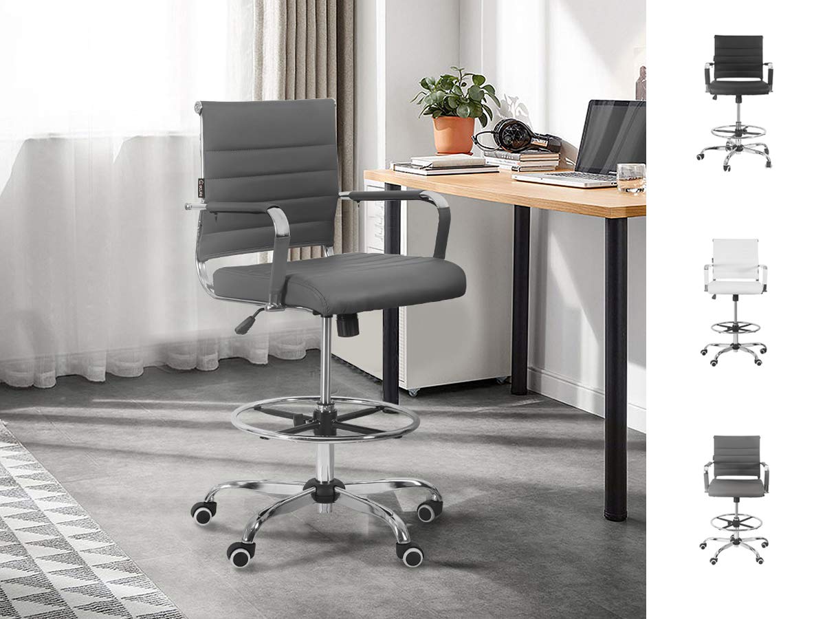 Buy Drafting Chair Stool Office Rock Footrest Leather Tall Arms Counter Adjustable MidBack