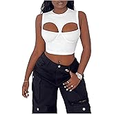 SweatyRocks Women's Cut Out Cropped Tank Top Crew Neck Slim Fit Sleeveless Ribbed Camisole