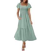 OFEEFAN Summer Dresses for Women Square Neck Ruffle Sleeve Smocked Maxi Dress with Pockets