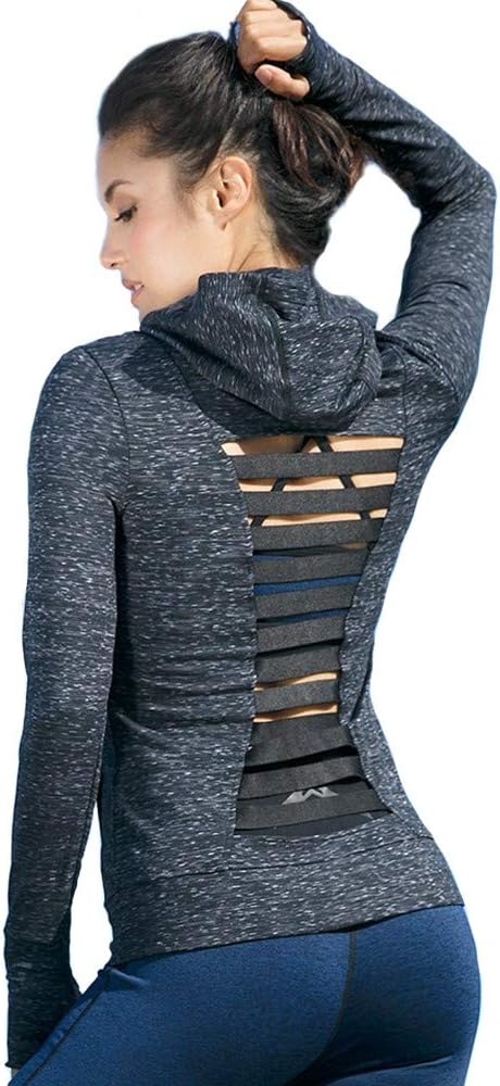 Women Slim Fit Athletic Running Yoga Light Fleece Lined Full-Zip Hand Pockets Stripe Open Back Workout Track Jacket