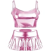 SFBBCLOZ Women's Rave Outfit Sets For Women Festivals 2 Pcs Metallic Tops Skirt EDM Party Club Holographic Rave Outfits