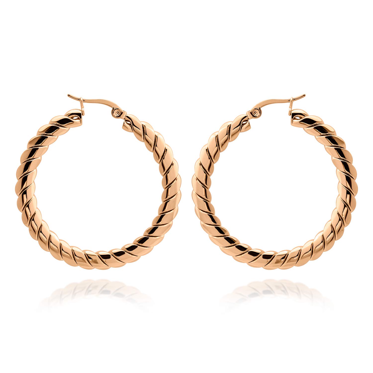 555Jewelry Stainless Steel Hoop Earrings, Large Round Circle Woven Pattern Surgical Steel Hoop Earrings, Hoops Earrings for Women, Nickel Free Earrings for Women Hoops, Rose Gold
