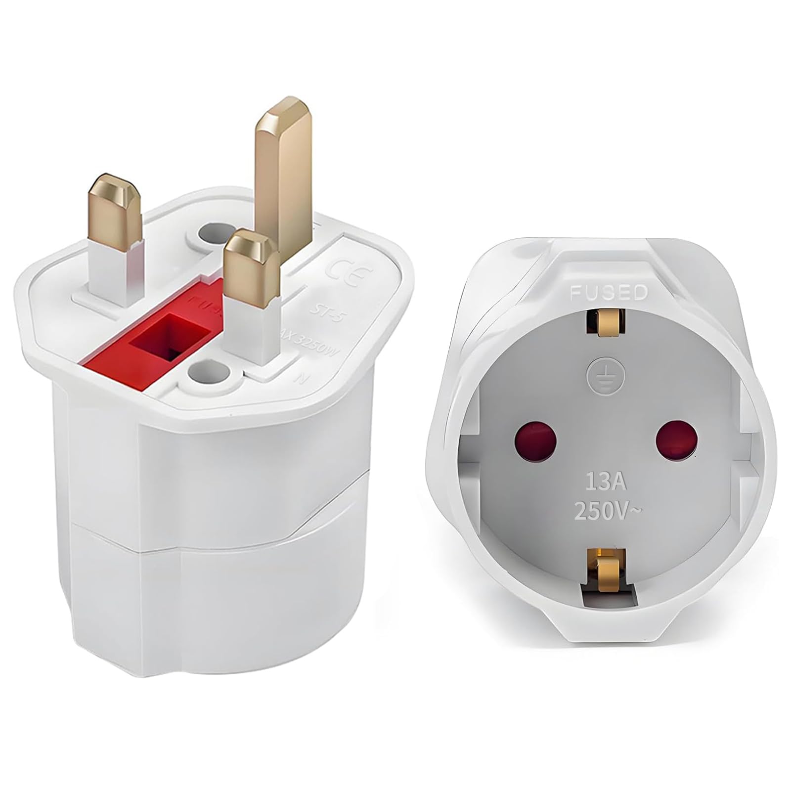European to UK Plug Adaptor 1Pack, Travel Adapter Eu to UK Plug Adapter with 13A Fuse 2 Pin to 3 Pin Plug Adapter for Converter from France, Italy,Spain,Germany to UK White