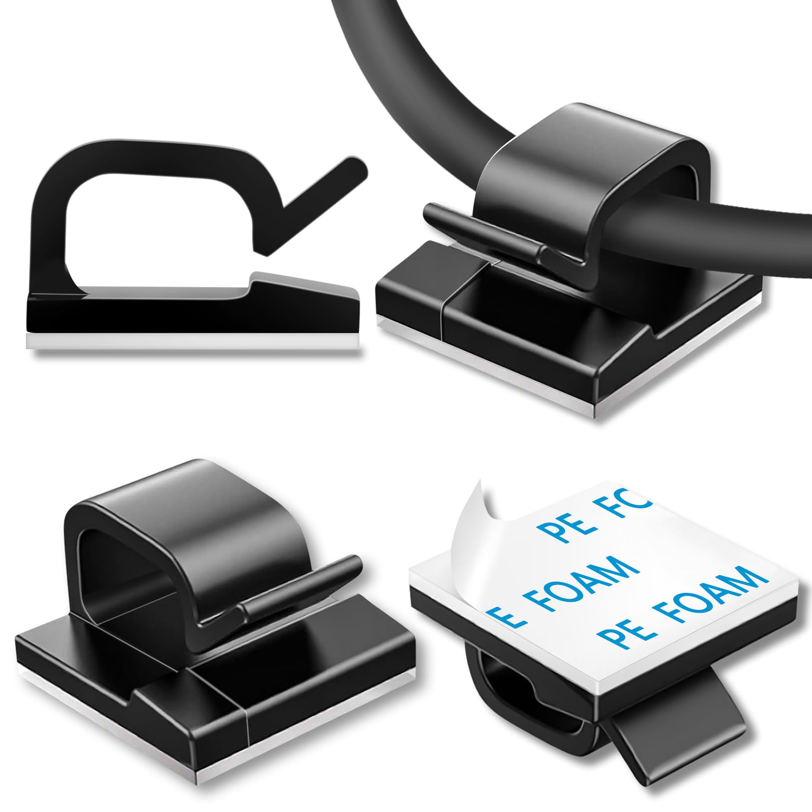 Photo 1 of 100 Pcs Cable Clips, Adhesive Cable Organizer Cord Holder Wire Clip Wire Management Self Adhesive Hooks Wire Holder for Office, Home (Black)