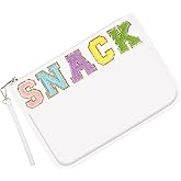 Iqimott Chenille Letter Clear Bag Snack Pouch, Monogram PVC & PU Makeup Cosmetic Bag Zipper Toiletry Pouch, Waterproof Portable Purse Travel Beach Snack Wristlet Bags for Women Girls(Snack, White)