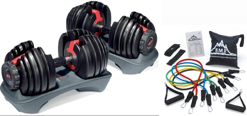 Adjustable Bowflex Selecttech 552 Dumbbells (Pair) and Black Mountain 9 Piece Workout Resistance Bands Compo Set