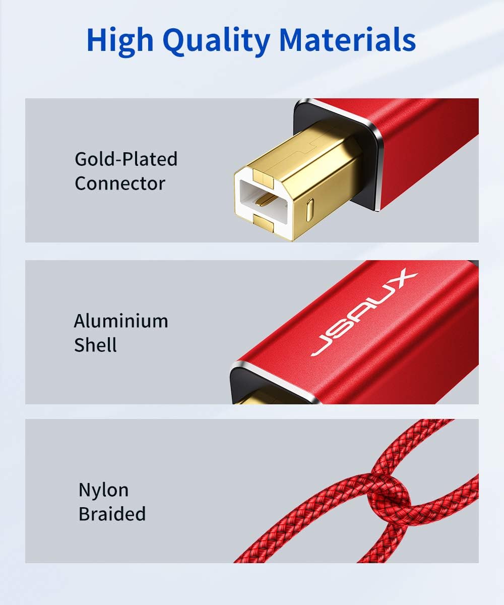 Printer Cable, JSAUX 6.6ft USB 2.0 Type A Male to B Male Printer Scanner Cord High Speed Compatible with HP, Canon, Dell, Epson, Lexmark, Xerox, Samsung and More (Red): Industrial & Scientific