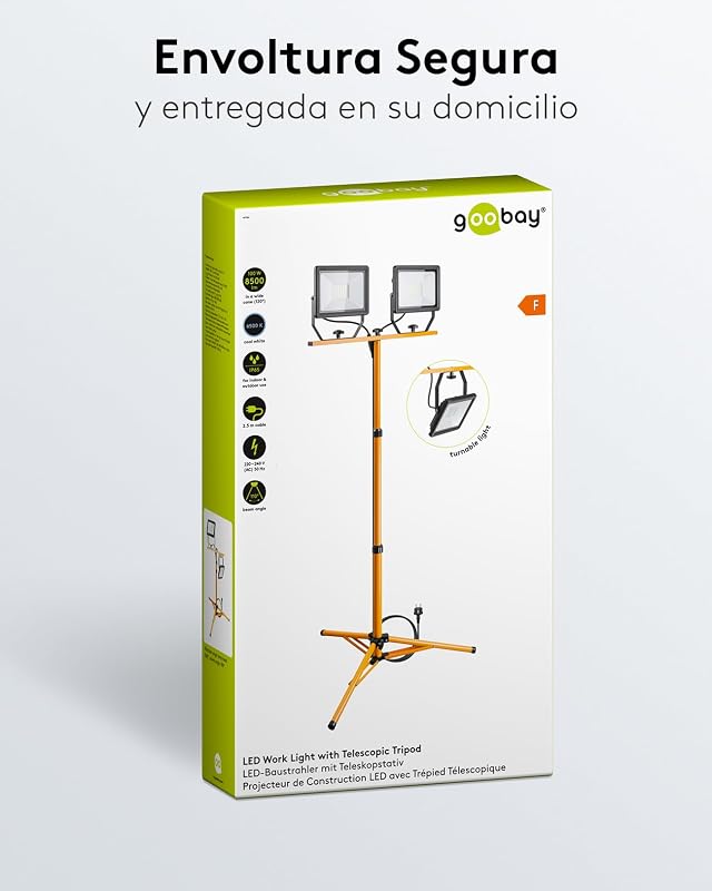 Holofote LED para Construção 49984 - Holofote telescópico de construção (cabeça dupla, para uso interior e exterior, tripé metálico, luz branca fria), preto, amarelo, 2x 50 watts
