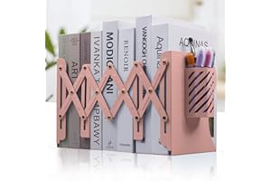 MOOCCI Adjustable Bookends, Metal Bookends for Heavy Books, Shelves, 2 Dividers, Expandable Book Organizer with Pen Holder for Desk, Office (19 inches Max) for 6 7 8 9-15 Boys, Girls, Pink