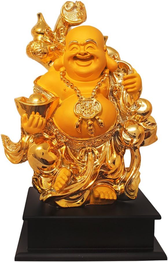 ART N HUB 24 K Gold Plated Earthenware with Wooden Base Feng Shui Laughing Buddha Handicraft Idol for Home Decor (Standard)