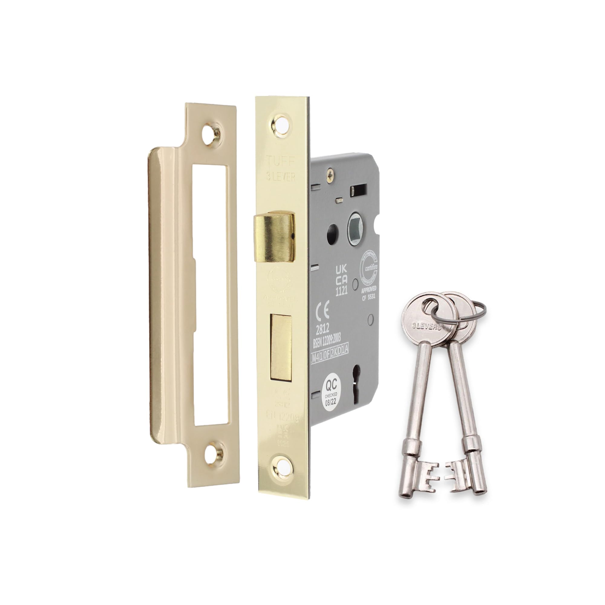 Infinity Decor Fire Rated Electro Brass 3 Lever Mortice Sash Lock CE Approved Key Security Door Latch 65mm for Internal and External Doors
