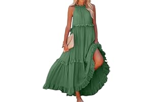 ZWRXW Summer Beach Dresses for Women 2024 Halter Tie Back Maxi Dress Long Tiered Ruffle Dress Sleeveless Flowy Boho Sundress