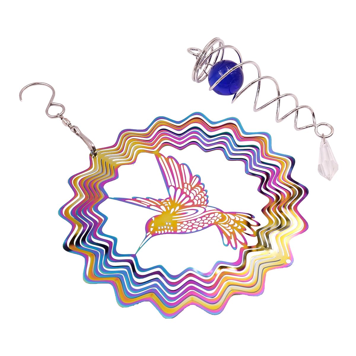 Hsthe Sea Hummingbird Hanging Wind Spinners 3D Metal with Gazing Ball Spiral Tail - Kinetic Yard Art Decor for Indoor and Outdoor Garden Wind Chimes