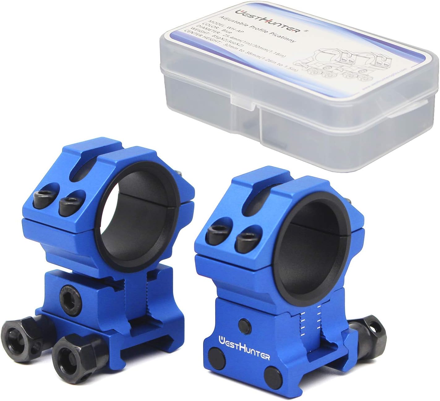 WestHunter Optics Adjustable Height Picatinny Scope Rings, 1 Inch 30 mm Precision Scope Mount, Blue, 30 mm / 1 inch