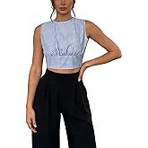OYOANGLE Women's Striped Button Open Back Shirt Sleeveless Blouse Slim Fitted Crop Tops