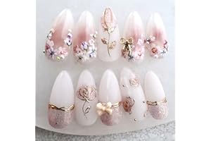 LOPMNGHT Colorful Flower False Nails Medium Almond Tip 3D Gold Rose Glitter Rhinestones with Bow Unique Stick on Nail Press on Nails Artificial Acrylic Fingernails Reusable Coffin for Women Manicure 24Pcs