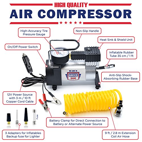 12V DC Best Air Compressor Tire Inflator with Gauge â€“ 150 PSI Portable Air Pump for Car Tires, Trucks & Inflatables â€“ DOUBLE BONUS Tire Puncture Repair Kit & Carry Case â€“ by We Love to Drive