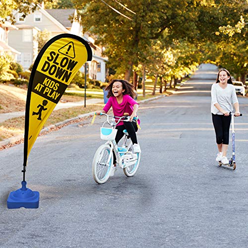 Kids Playing Extra Large 6.4 Foot Teardrop Banner Flag Safety Sign with Fiberglass Poles and Weighted Base for Yards and Driveways -"Caution, Slow, Kids at Play"
