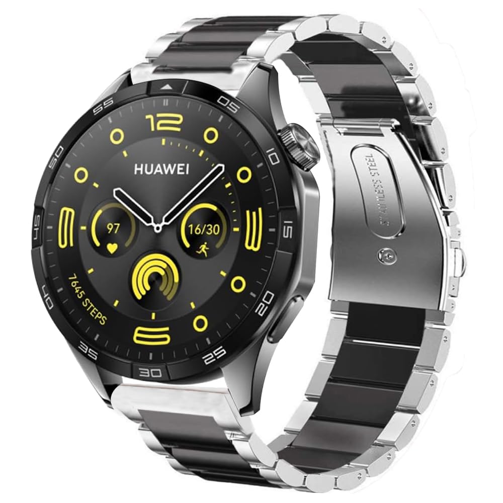 Compatible for HUAWEI WATCH GT4 46mm Band, Bleushaweu Quick Release Stainless Steel Metal Replacement Straps Compatible with HUAWEI WATCH GT 4 46mm Smartwatch (Silver-Black)