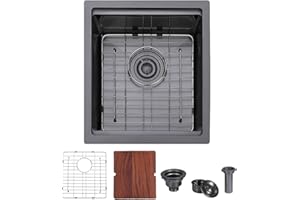 Ufaucet 15x17 Black Bar Sink, Gunmetal Black Undermount Workstation Stainless Steel 16 Gauge Small Kitchen RV Prep Wet Bar Sink 9" Deep Single Bowl with Cutting Board