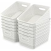 WYT 12-Pack Plastic Small Shelf Storage Weave Baskets for Organizing, White