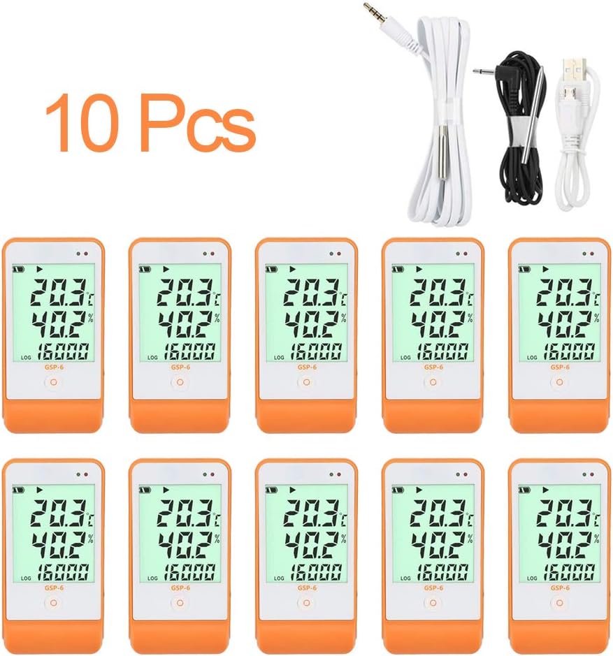 Temperature and Humidity Data Logger Reuseable Larger Display with Two Probes Recorder 16000 Points Refrigeration Cold Chain(Orange 10PCS)