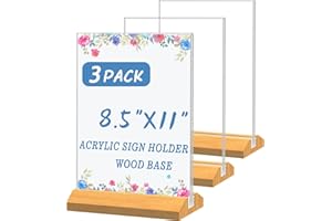 QLKGWEA Acrylic Sign Holder 8.5 x 11 Inch 3 Pack, Wood Base Paper Stand for Menu Flyer Display, Table Top Clear Plastic Picture Frame for Stores, Restaurants, Hotels, Office, Farmers Market Show Fair Decor.