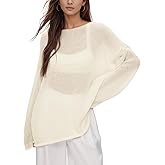Women's Oversized Sheer Mesh Knit Sweater, Bell Long Sleeve Hollow Out Pullover Tops Trendy Casual Outfits