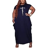 Fooullaide Women Casual Plus Size Dress Summer Short Sleeve V Neck T Shirt Loose Oversize Flowy Long Dresses with Pocket