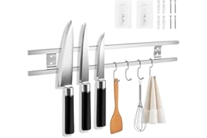 17 Inch Magnetic Knife Holder with 4 Hooks, Dual Rod Strong Magnet Knife Bar for Partry Garage Tool Rack, No Drilling Wall Mo
