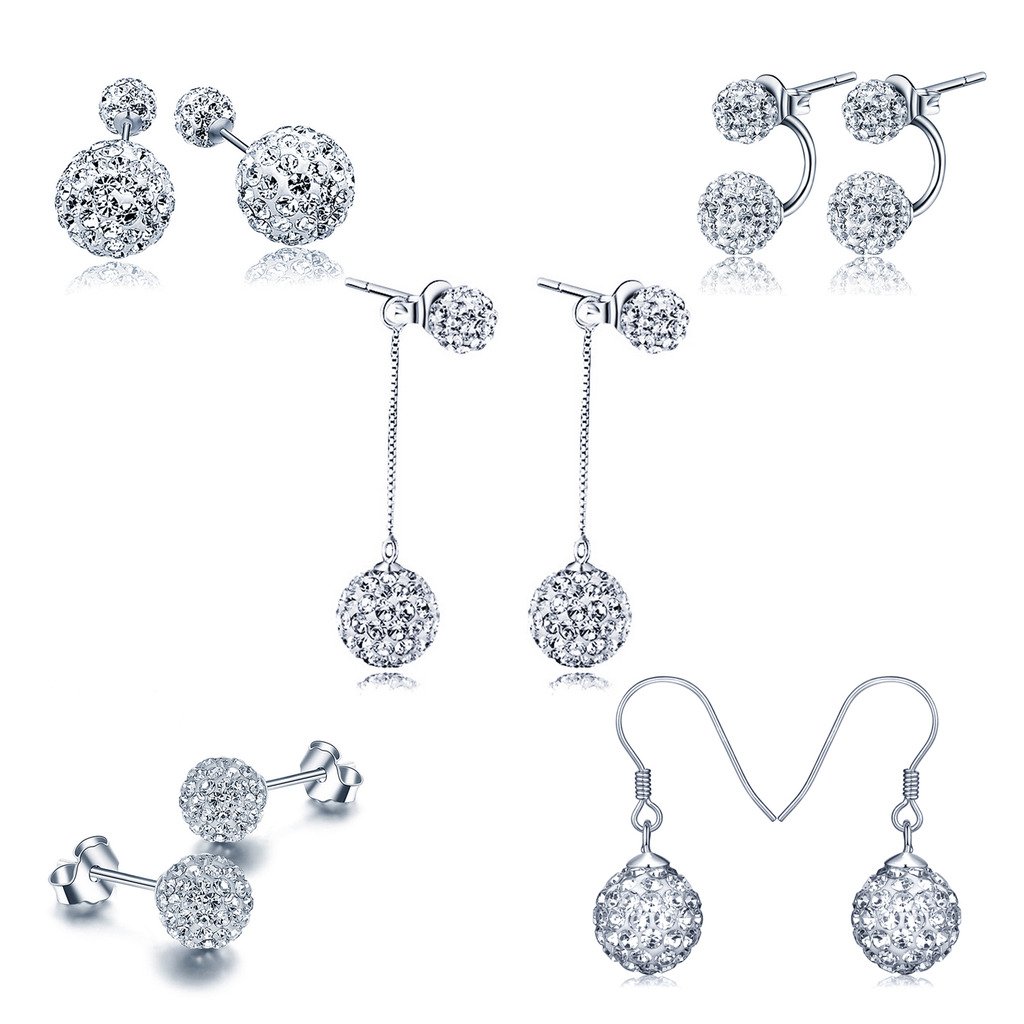 Yumilok Jewelry 5 Pairs 925 Sterling Silver Rhodium Plated Crystal Disco Ball Ear Stud Drops Dangles Earring Jackets Set for Women/Ladies/Girls