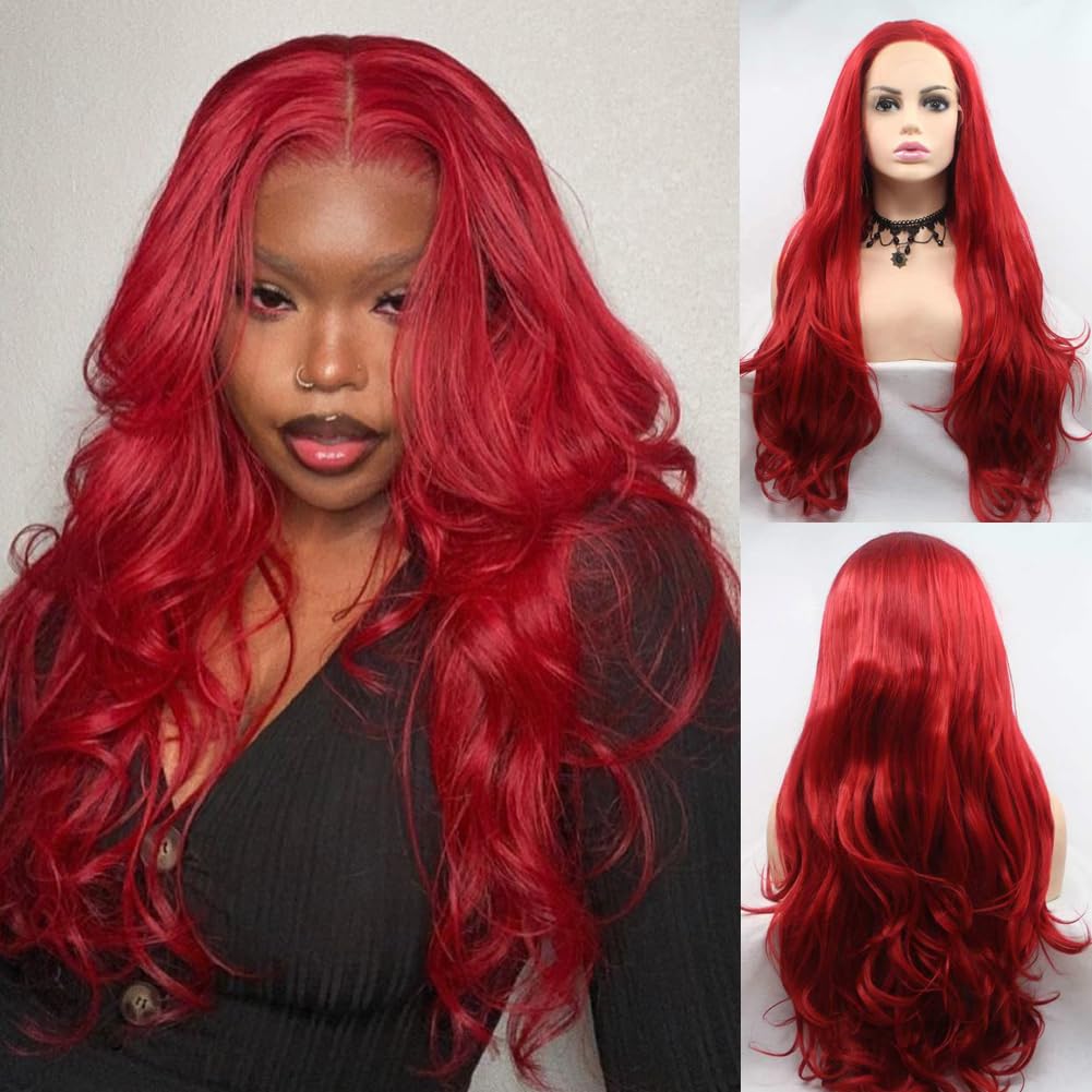 AFbeauty Red Lace Front Wig Long Wavy Red Free Part Wig Synthetic Pre Plucked Realistic Hairline Wigs Heat Resistant Fiber Cosplay Daily Wear Wigs 24 Inch