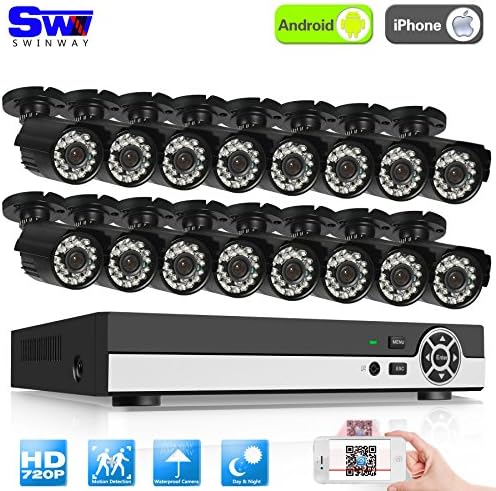 SW Swinway HD 720P 16CH Video Security System 16 1800TVL 1.0Megapixel Weatherproof IP66 Bullet Cameras, IR LED Night Vision, AHD Analog/BNC, Smartphone View