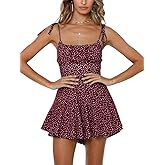 Jeanewpole1 Women's Boho Floral Wide Leg Short Romper Spaghetti Strap Smocked Jumpsuit