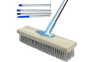 Stainless Steel Wire Broom Brush with Long Handle, Heavy Duty Stiff Bristle Wire Scrubber Brush for Cleaning Moss Concrete De