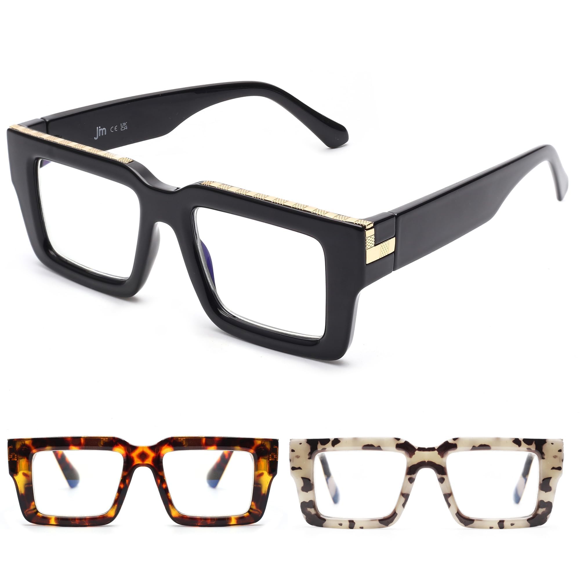 JM Oversized Reading Glasses for Women Men with Spring Hinge, Fashion Square Blue Light Blocking Computer Readers 3 Pack 1.75 (Black + Brown + Grayish White)