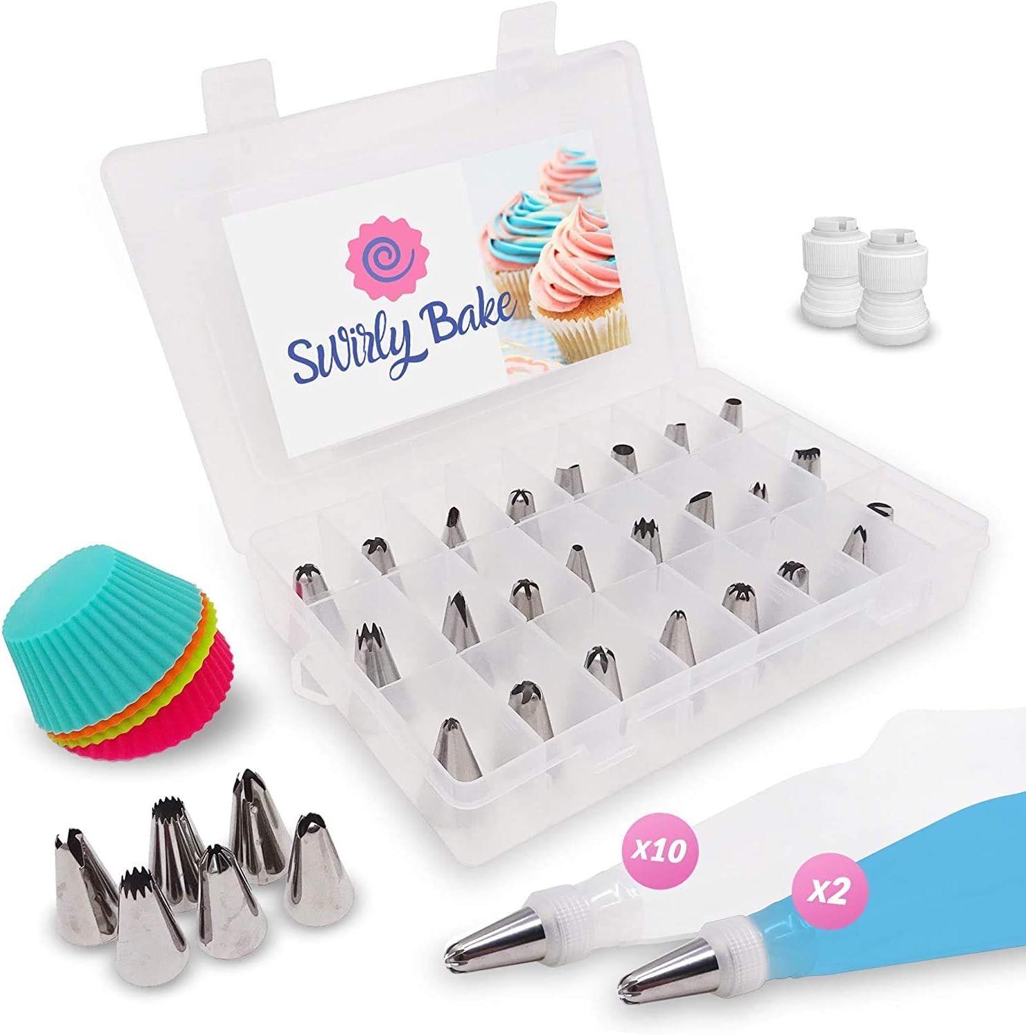 Swirly Bake 50 Teiliges Spritztüllen Set. 30x Edelstahl Tüllen Aufsätze. 2x Silikon Spritzbeutel. 10x Einwegspritzbeutel. 4x Cupcake Förmchen. Exclusives E-Book Inclusive.