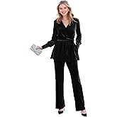 CKGJLJ Long Sleeve Velvet Mother of The Bride Pant Suit for Women Dressy V Neck Formal Velvet Pantsuits 2 Piece Outfit